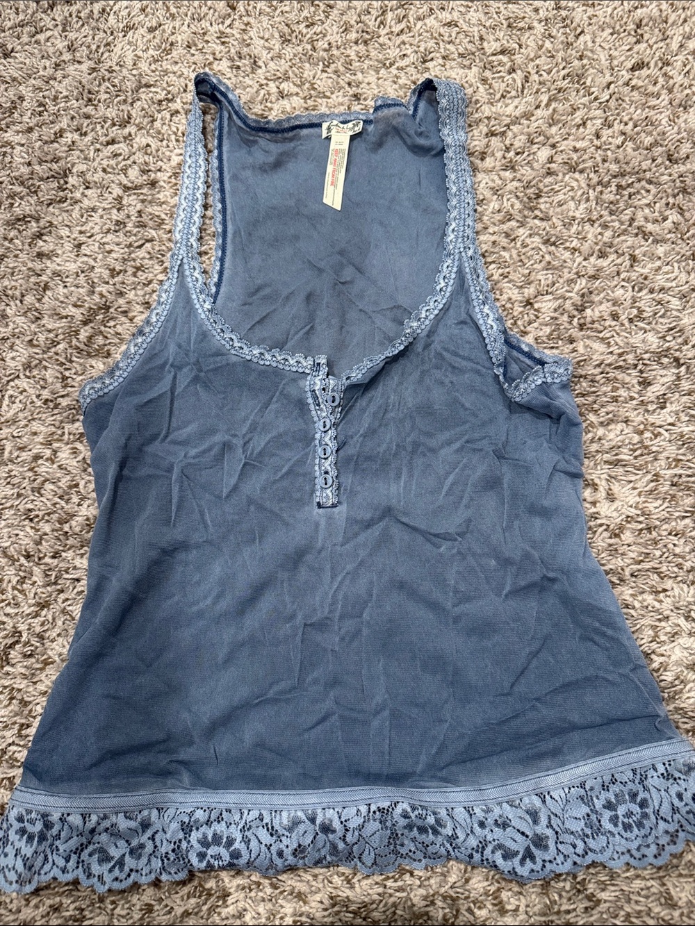 NWOT Free People Dusty Blue Semi-Sheer Lace-Trim Henley Tank